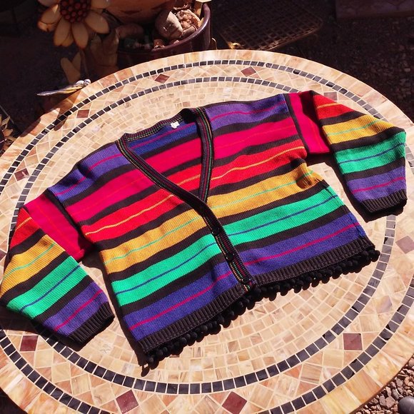 Vintage 80s V-neck Cardigan Ladies -S Pom Pom Fringe Bold Rainbow Striped Cotton - Picture 1 of 12